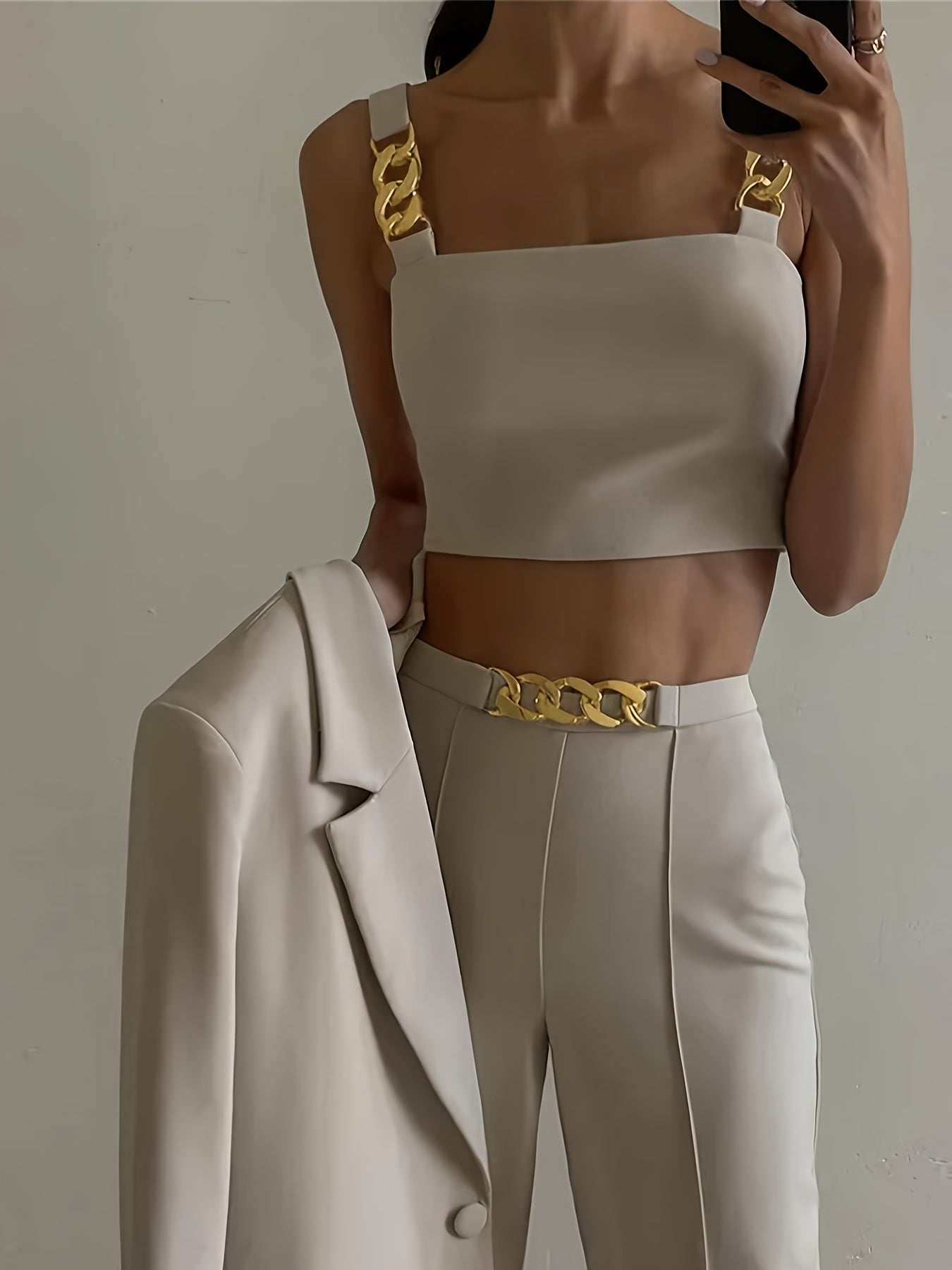 Women'S Elegant Black Two-Piece Wear Set - Crop Top with Golden Chain Straps & High-Waisted Pants, Urban Style, All-Season Comfort, Wear|Chain Accent Top|Comfortable Fit