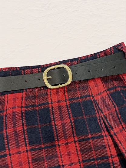 Elegant Warm Solid Color Stand Collar Slim Fit Long Sleeve Top and Plaid Print Slit Zipper Skirt with Belt Two-Piece Set for Women YT