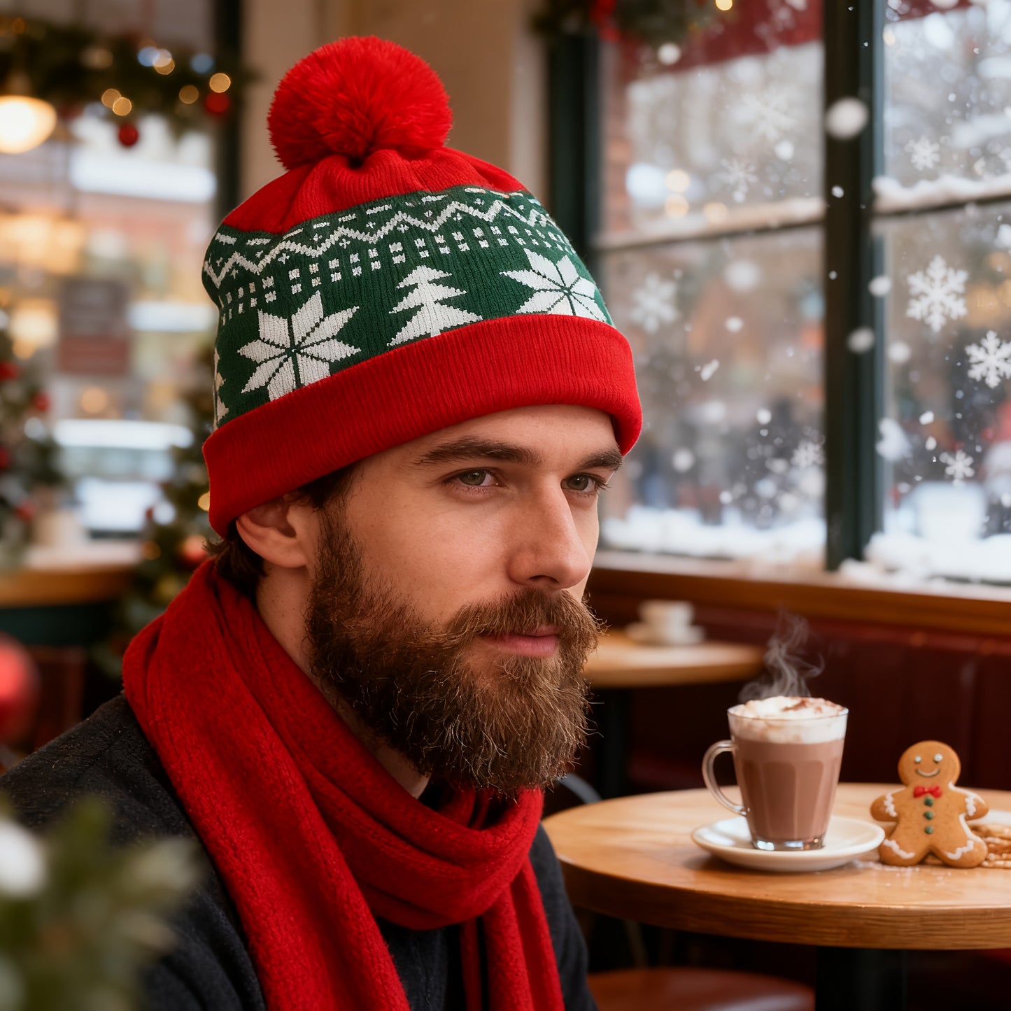 Gorro de Natal com Chapéu de Pai Natal - Gorro de Festa Vermelho e Verde com Design de Estrela-do-Natal e Flocos de Neve, Acrílico Respirável, Ajuste Elástico, Fecho com Cordão, Perfeito para Festas de Natal e Ano Novo, Chapéu de Natal