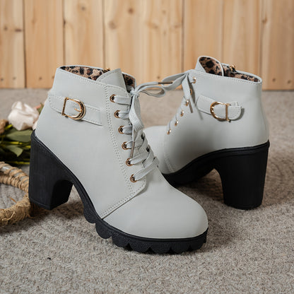 Women's Chunky Platform Ankle Boots - Side Zipper & Lace-Up Closure, Round Toe Boots with Non-Slip Rubber Sole - All-Season Cushioned Interior - Synthetic Cover Shoes in Black, Brown, Navy Green, Burgundy, Blue, Grey - for Casual, Formal, Everyday