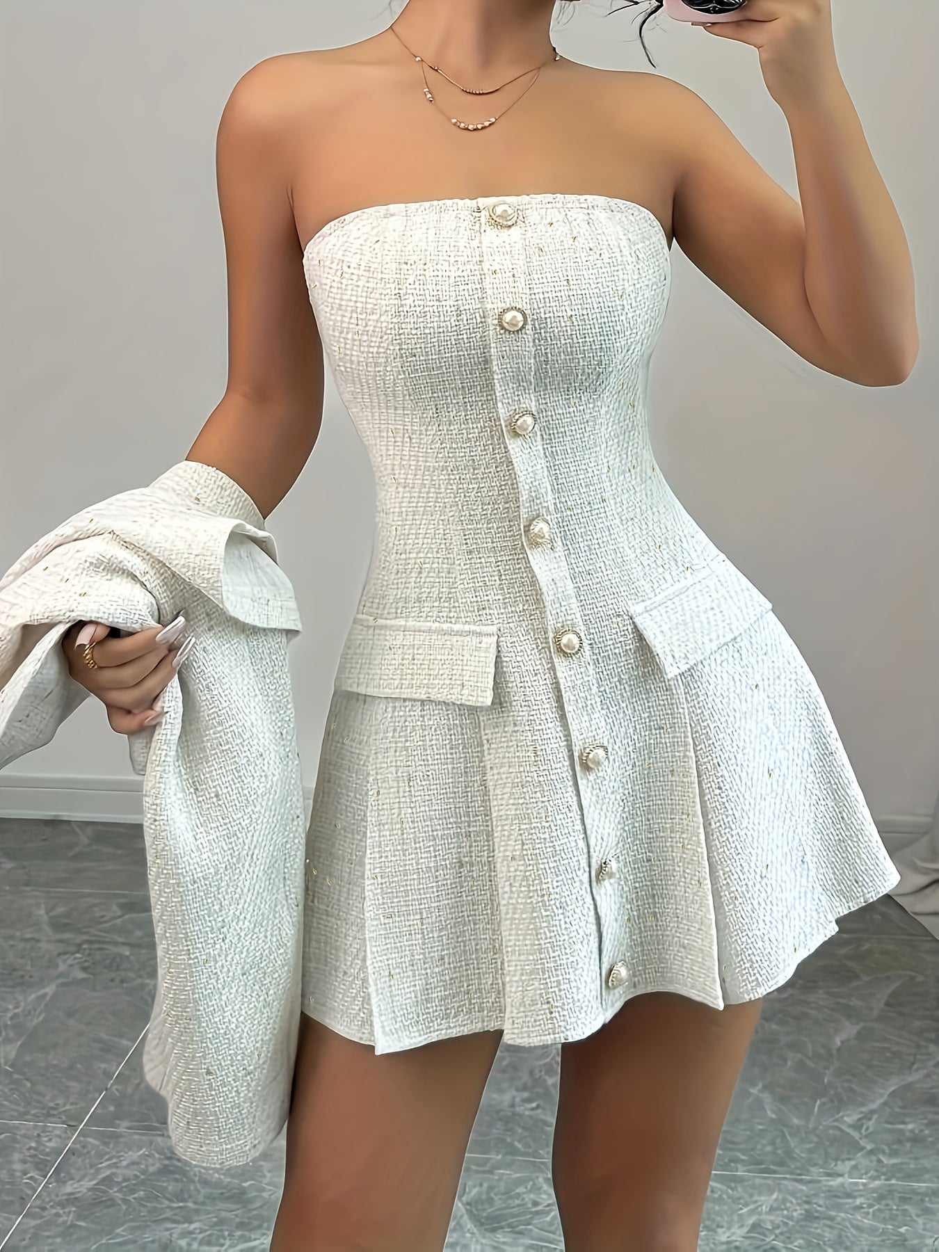 Elegant Solid Color Blazer & Skirt Set – Chic Button-Detail Look