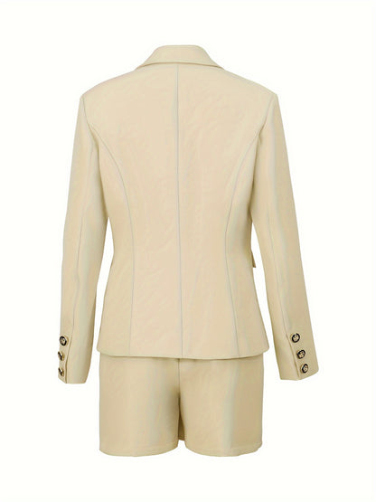 Elegant Women's Long Sleeve Blazer & Pleated Skirt Set - Polyester, Machine Washable, Non-Stretch Fabric