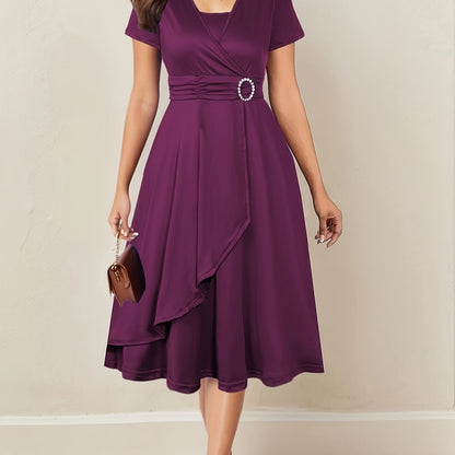 Elegant V-Neck Dress with Asymmetric Waist and Rhinestones