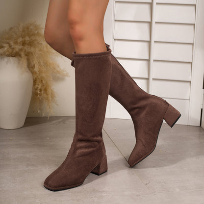 Women's Low Block Heel Chunky Round Toe Ankle Boots with Back Zipper - Elastic Slim-Fit Knee-High Booties, Black All-Season Casual & Dress Boots, Round-to-Pointed Tip (No Removal) for Jeans/Pants/Skirts