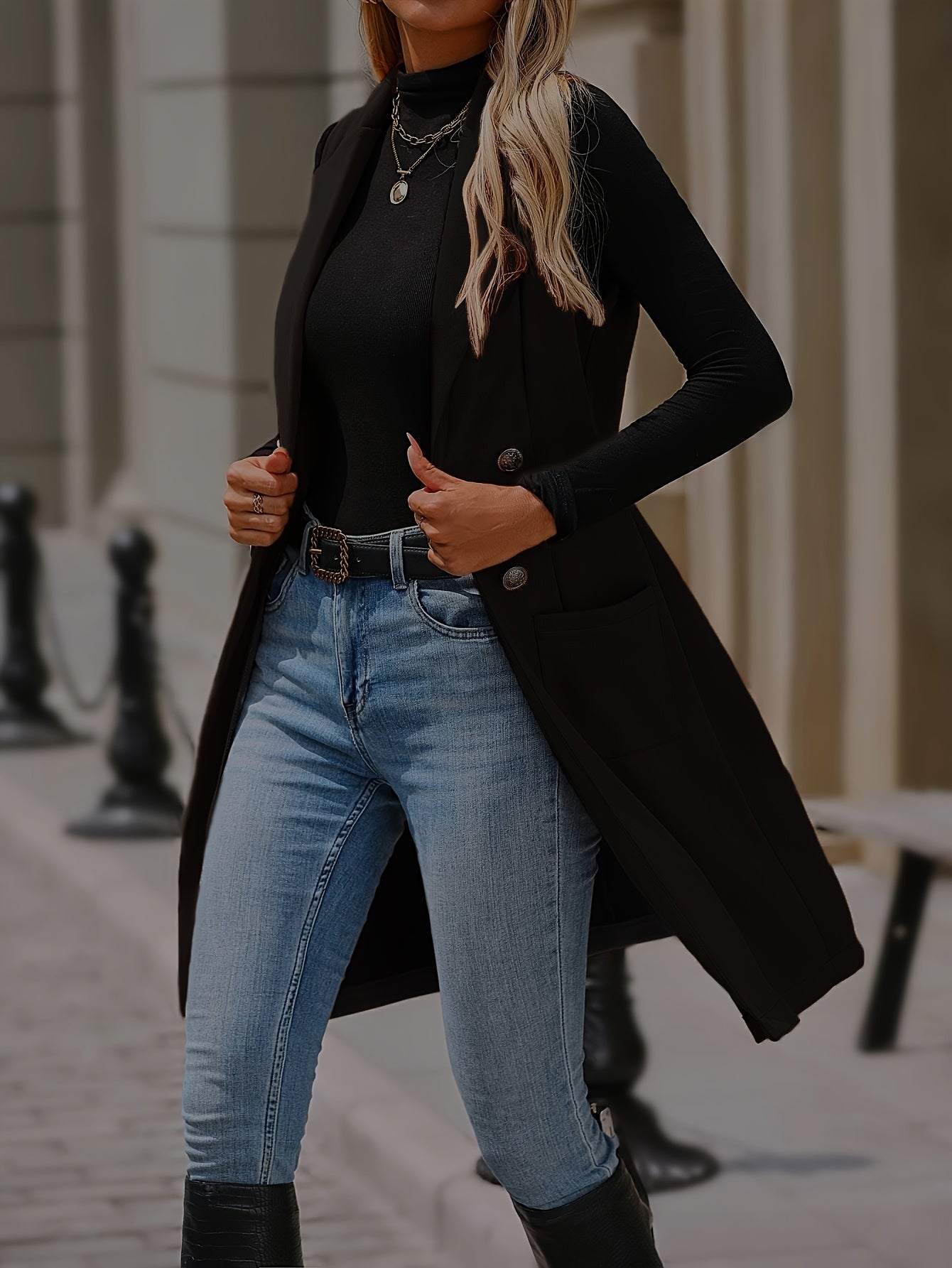 Jaqueta Feminina Elegante de Inverno com Gola e Detalhes de Bolso - Casaco Longo de Cor Sólida para Outono/Inverno, Lavável à Mão, para Looks Casuais ou Formal - Vestuário Externo Feminino (Disponibilidade Imediata)