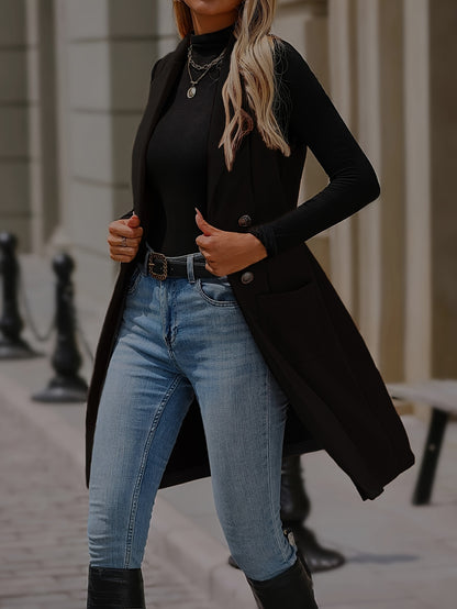 Jaqueta Feminina Elegante de Inverno com Gola e Detalhes de Bolso - Casaco Longo de Cor Sólida para Outono/Inverno, Lavável à Mão, para Looks Casuais ou Formal - Vestuário Externo Feminino (Disponibilidade Imediata)