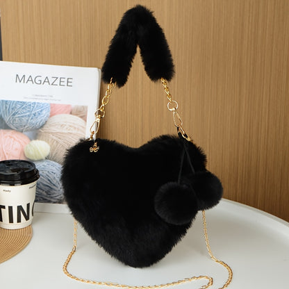 Women's Plush Heart-Shaped Shoulder Bag with Fluffy Pom-Pom Accent - Soft Imitation Fur Handbag, Zipper Closure & Wrist Strap, Cozy Winter Bag in Beige/Pink/White/Red/Black, Versatile for Everyday & Special Occasions