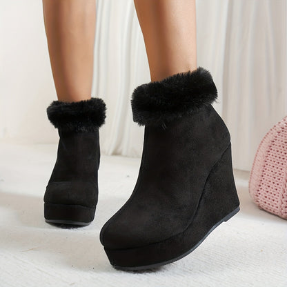 Women'S Winter Ankle Boots with Plush Lining - Cozy Fleece-Lined Round Toe Mid-Heel Zipper Closure, Soft Fabric Upper & Rubber Sole