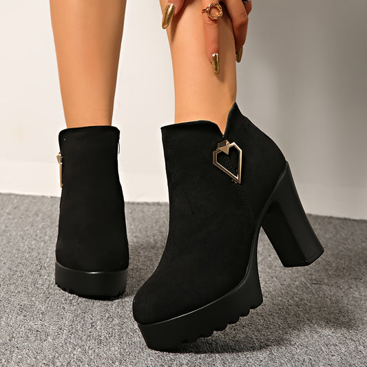 Vintage Style Platform High Heel Ankle Boots with Metal Heart Decoration, Fashionable Versatile Sweet-Cool High Heels, Thick Platform Chunky Heel, Metal Heart Buckle, Convenient Zipper Design, Runs Small One Size