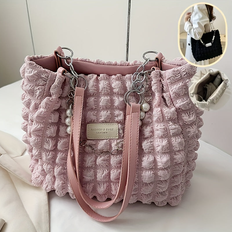 1pc Summer Sweet Clouds Tote Bag for Women - Large Capacity Shoulder Bag with Zipper Closure, Polyester Lining, 4 Colors (White/Pink/Green/Black), City Theme Design, Perfect for Commuting & Outings