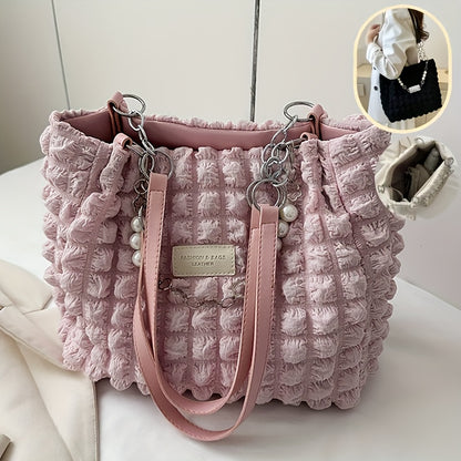 1pc Summer Sweet Clouds Tote Bag for Women - Large Capacity Shoulder Bag with Zipper Closure, Polyester Lining, 4 Colors (White/Pink/Green/Black), City Theme Design, Perfect for Commuting & Outings