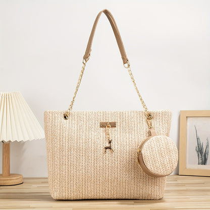 Fashionable Mini Straw Tote Bag for The Beach, Chain Shoulder Bag, Small Handbag, Paired with a Coin Purse. Suitable for Girls, Women, Students, Shopping, Travel, Vacations, Beaches, And Holidays.