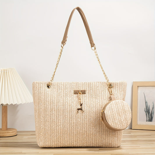 Fashionable Mini Straw Tote Bag for The Beach, Chain Shoulder Bag, Small Handbag, Paired with a Coin Purse. Suitable for Girls, Women, Students, Shopping, Travel, Vacations, Beaches, And Holidays.