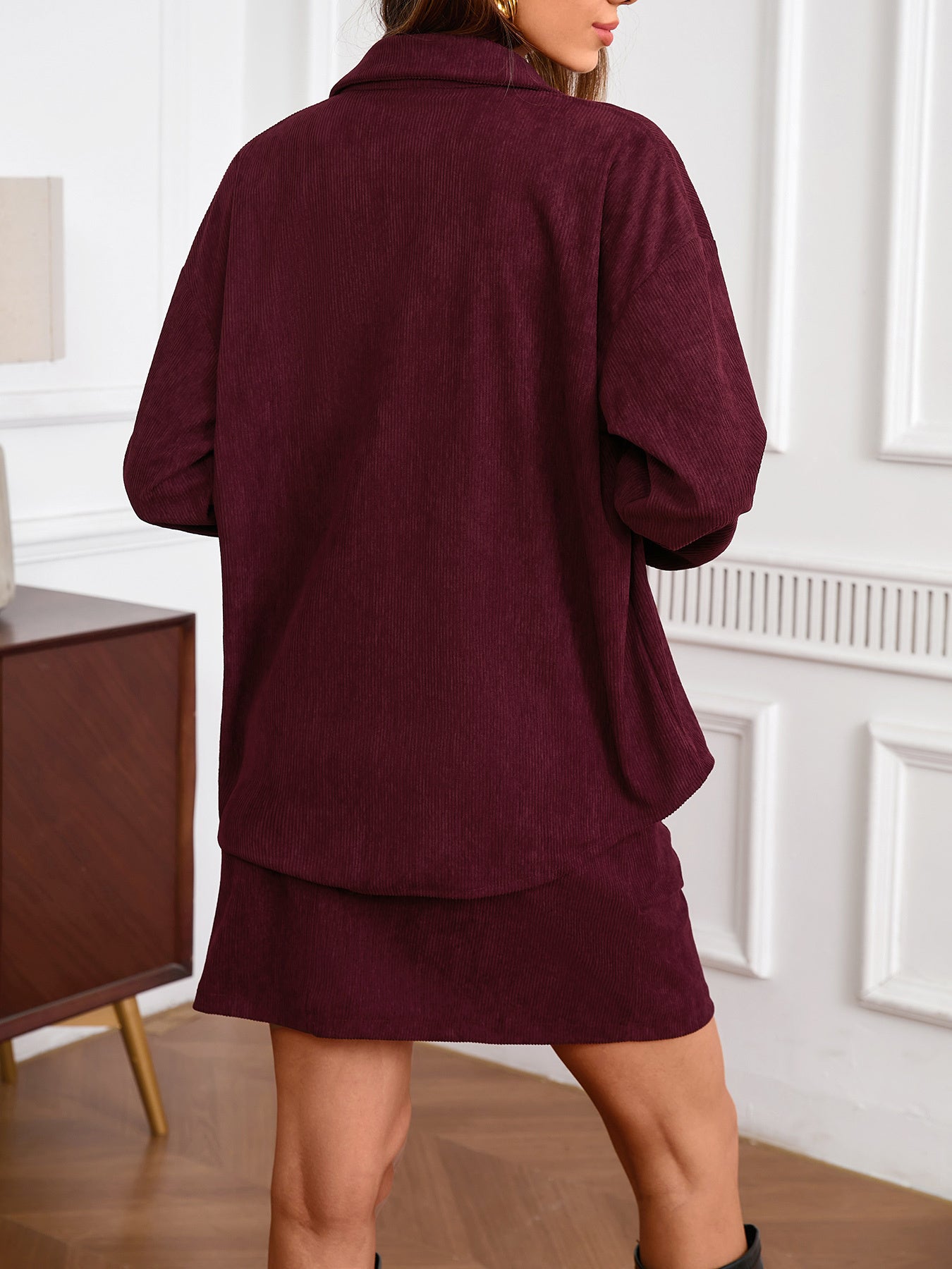 Women'S Elegant Maroon Button-Up Jacket & Skirt Set - Long Sleeve, Non-Stretch Fabric, Solid Color, Versatile Fall/Winter Outfit with Ankle Boots and Quilted Design, Casual to Formal Wear, Casual Attire|Quilted Skirt|Buttonup Jacket