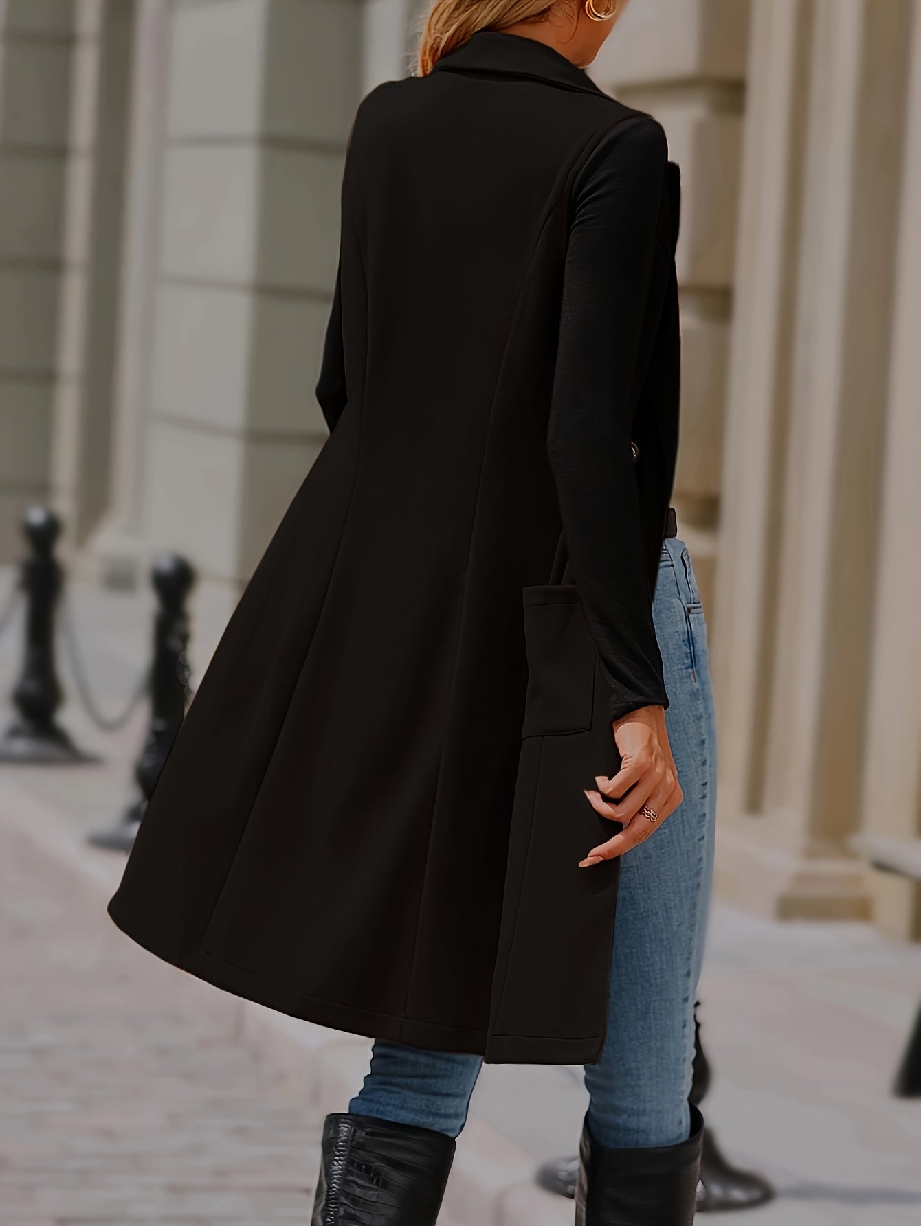 Jaqueta Feminina Elegante de Inverno com Gola e Detalhes de Bolso - Casaco Longo de Cor Sólida para Outono/Inverno, Lavável à Mão, para Looks Casuais ou Formal - Vestuário Externo Feminino (Disponibilidade Imediata)