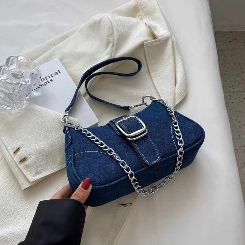 Women'S Denim Shoulder Bag with Chain Strap - Stylish Blue Crossbody Bag, Zipper Closure, Polyester Lining, Perfect for Casual or Fashionable Outfits, Casual Shoulder Bag | Denim Crossbody Bag | Zipper Closure Bag