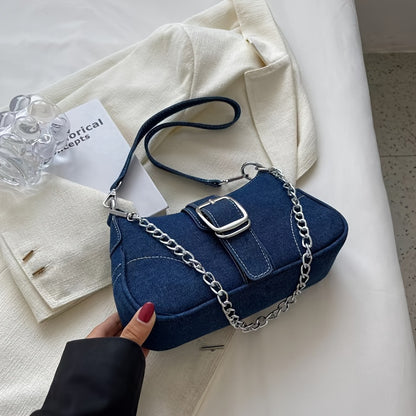 Women'S Denim Shoulder Bag with Chain Strap - Stylish Blue Crossbody Bag, Zipper Closure, Polyester Lining, Perfect for Casual or Fashionable Outfits, Casual Shoulder Bag | Denim Crossbody Bag | Zipper Closure Bag
