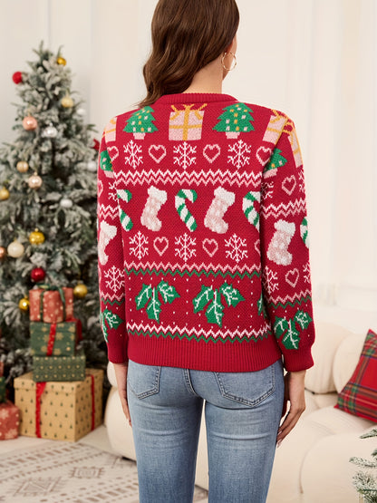 Women'S Elegant Christmas Sweater - Red & Green Holiday Party Top with Snowflake & Candy Cane Pattern, Long Sleeve Round Neck Pullover for Christmas, New Year, Winter - Cozy Fall/winter Sweater For Women, Christmas Sweater, Festive Winter Wear