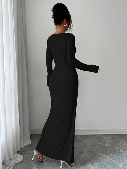 Women's Elegant Long Sleeve Mermaid Dress with Asymmetrical Neckline & Slit - Long Train Maxi Length, High-Low Hem, Brown (Formal Wedding Guest/Bridesmaid Gown) - Machine Washable Stretch -like Party Wedding Dress