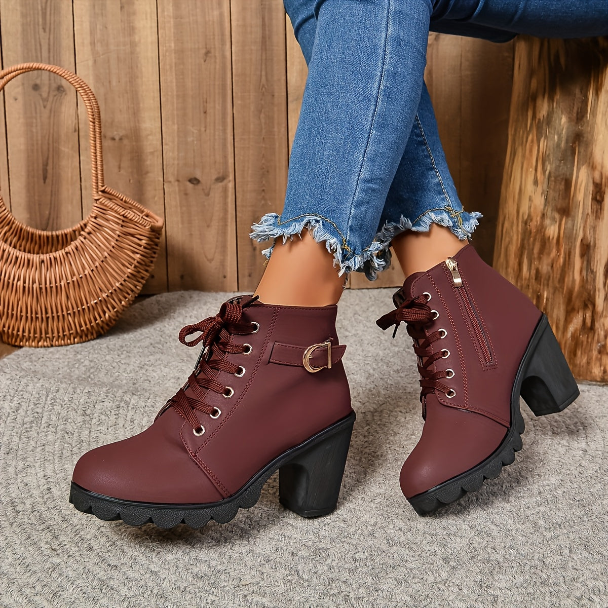 Women'S Chunky Heel Ankle Boots - Casual Lace-Up with Side Zipper, Round Toe PU Cover Boots in Black, Brown, Olive Green, and Burgundy, Comfortable Fabric Lining for All-Season Wear, Versatile Footwear | Chunky Heel Boots | Durable PU Cover