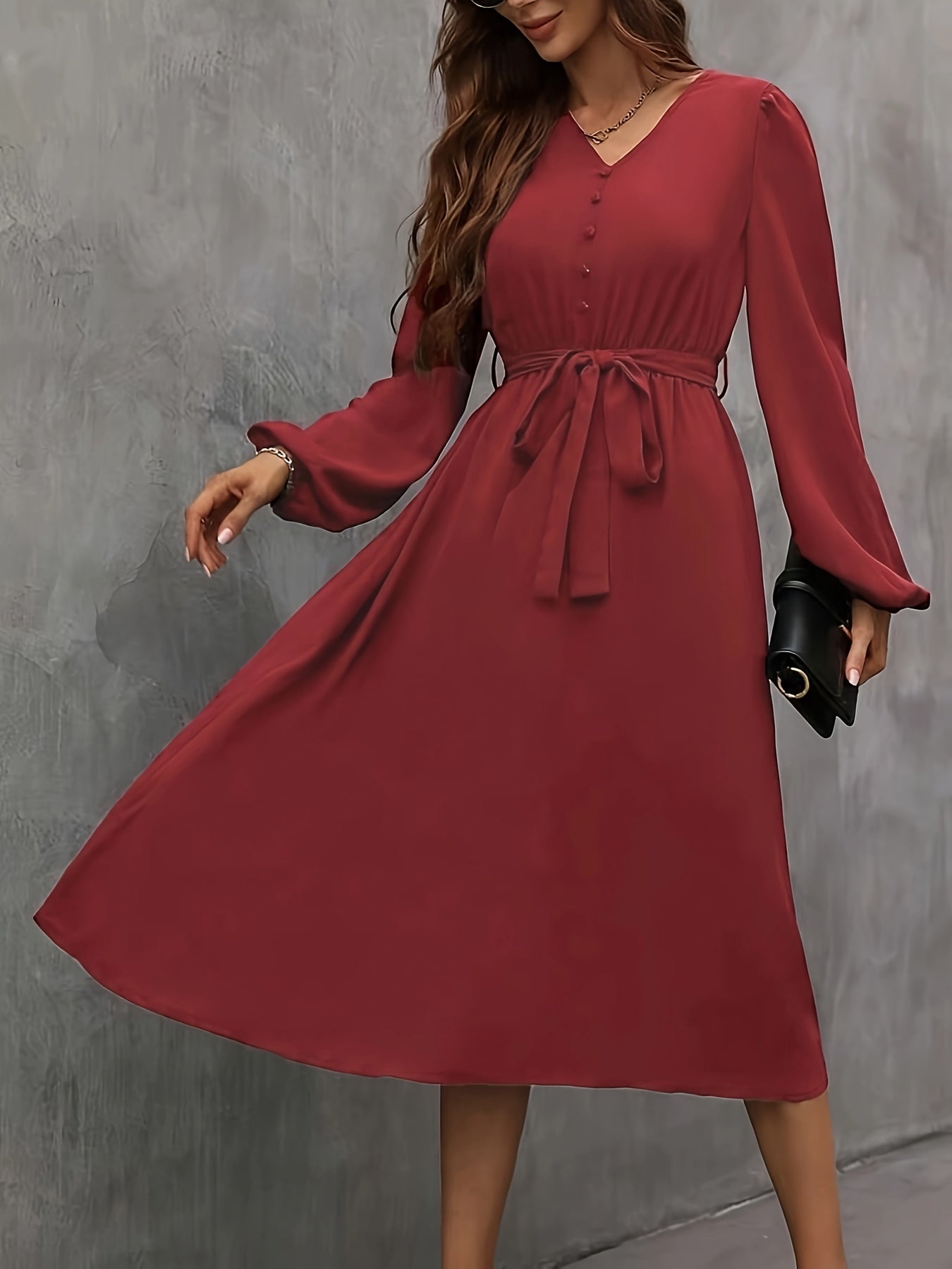 Women'S French Vintage Burgundy V-Neck Dress with Ruffled Sleeves & Waist Tie - Elegant A-Line Party Wedding Guest Dress, Flattering Fit for Christmas Gala