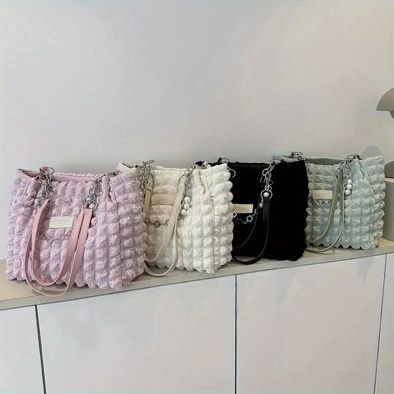 1pc Summer Sweet Clouds Tote Bag for Women - Large Capacity Shoulder Bag with Zipper Closure, Polyester Lining, 4 Colors (White/Pink/Green/Black), City Theme Design, Perfect for Commuting & Outings