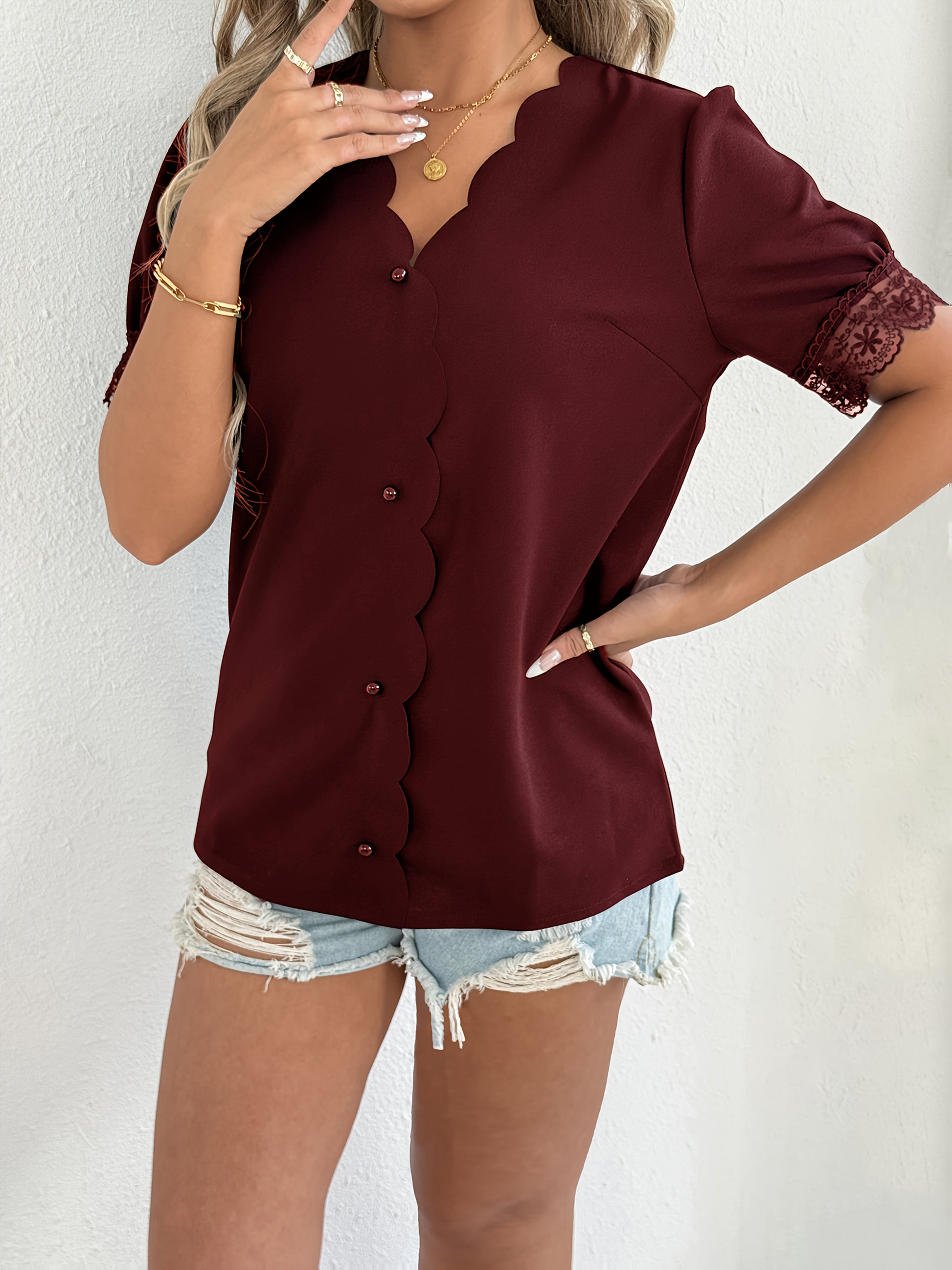 Women's Summer Casual Solid Color V-Neck Short Sleeve Shirt