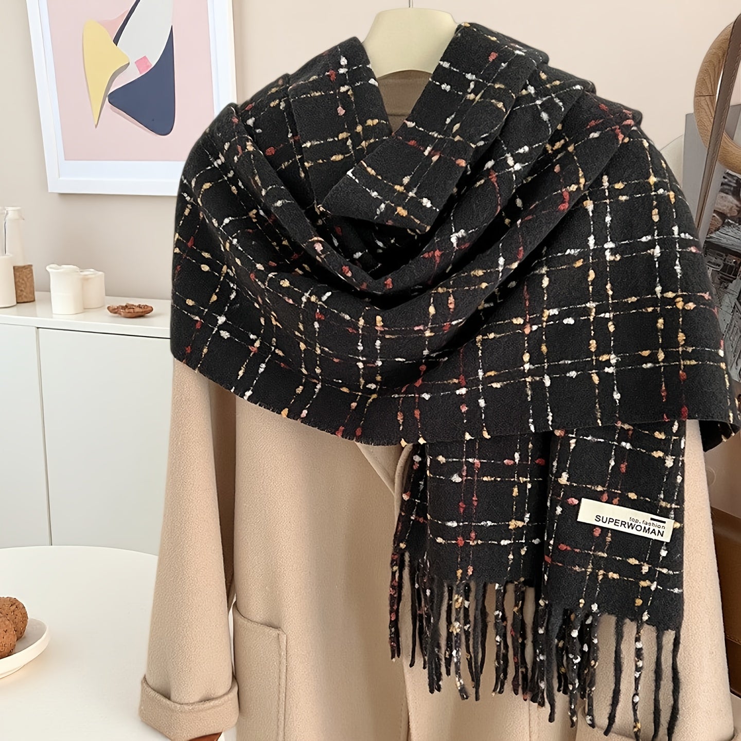 1 Peça Cachecol de Inverno para Mulheres com Forro de Fleece - Xale Grosso Xadrez com Franjas, Tassel Marrom e Bordô, Colar Macio e Quente para Clima Frio, Presente de Natal (Não Elástico, Estilo Europeu) - Bordô/Marrom/Branco