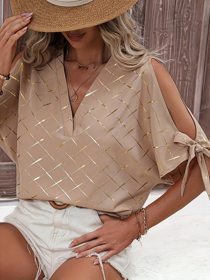 Elegant V-Neck Plaid Blouse with Shoulder Cut-Outs - 100% Polyester Woven Shirt for Women, All-Season Elegant Style