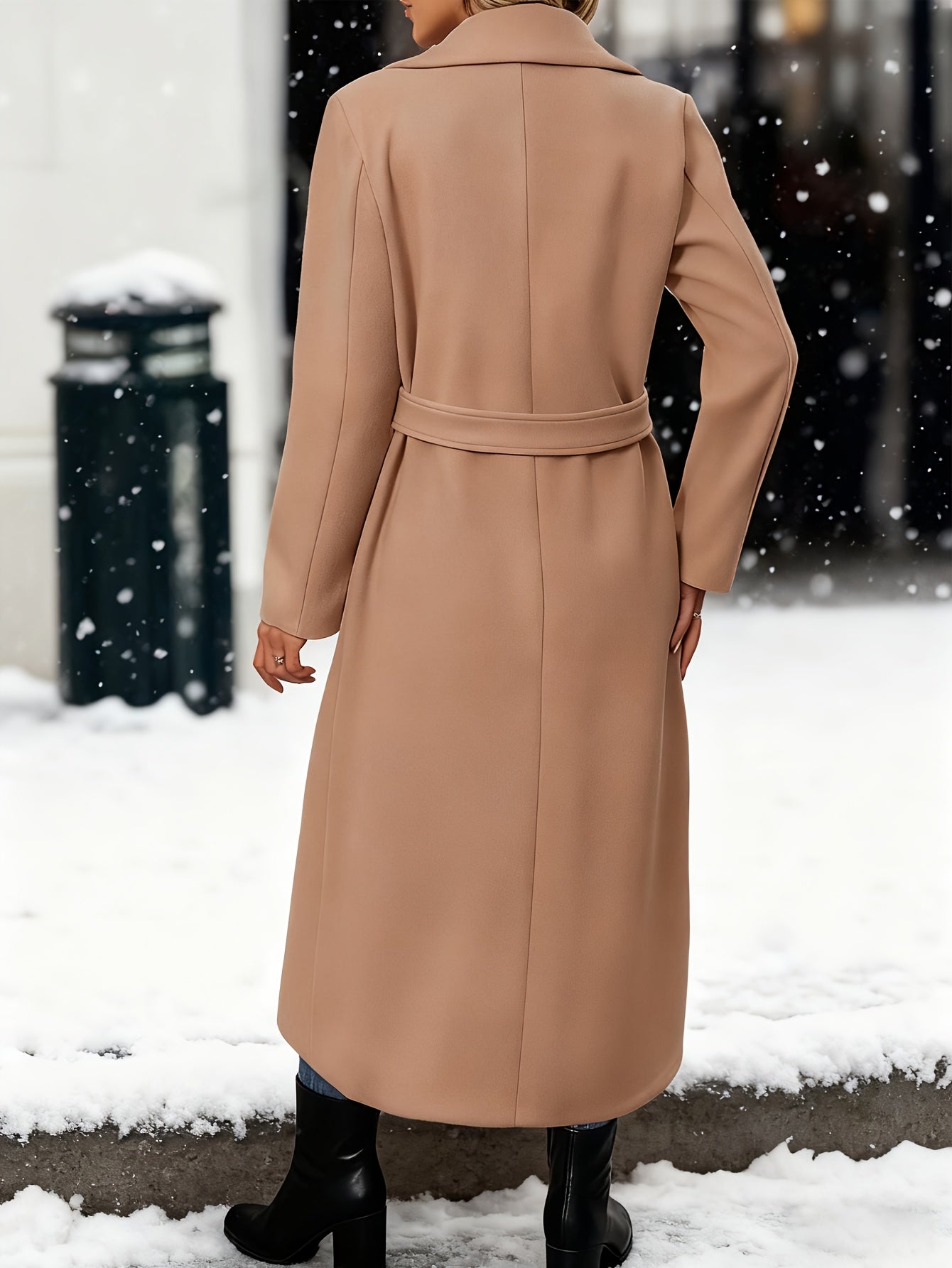 Casaco Longo Elegante Feminino para Inverno - Gola de Lapela e Botões Frontais, Trench Coat Sobretudo Sob Medida, Para Uso Formal e Casual, Lavável na Máquina (Detalhe de Bolso) - Roupa de Outono/Inverno