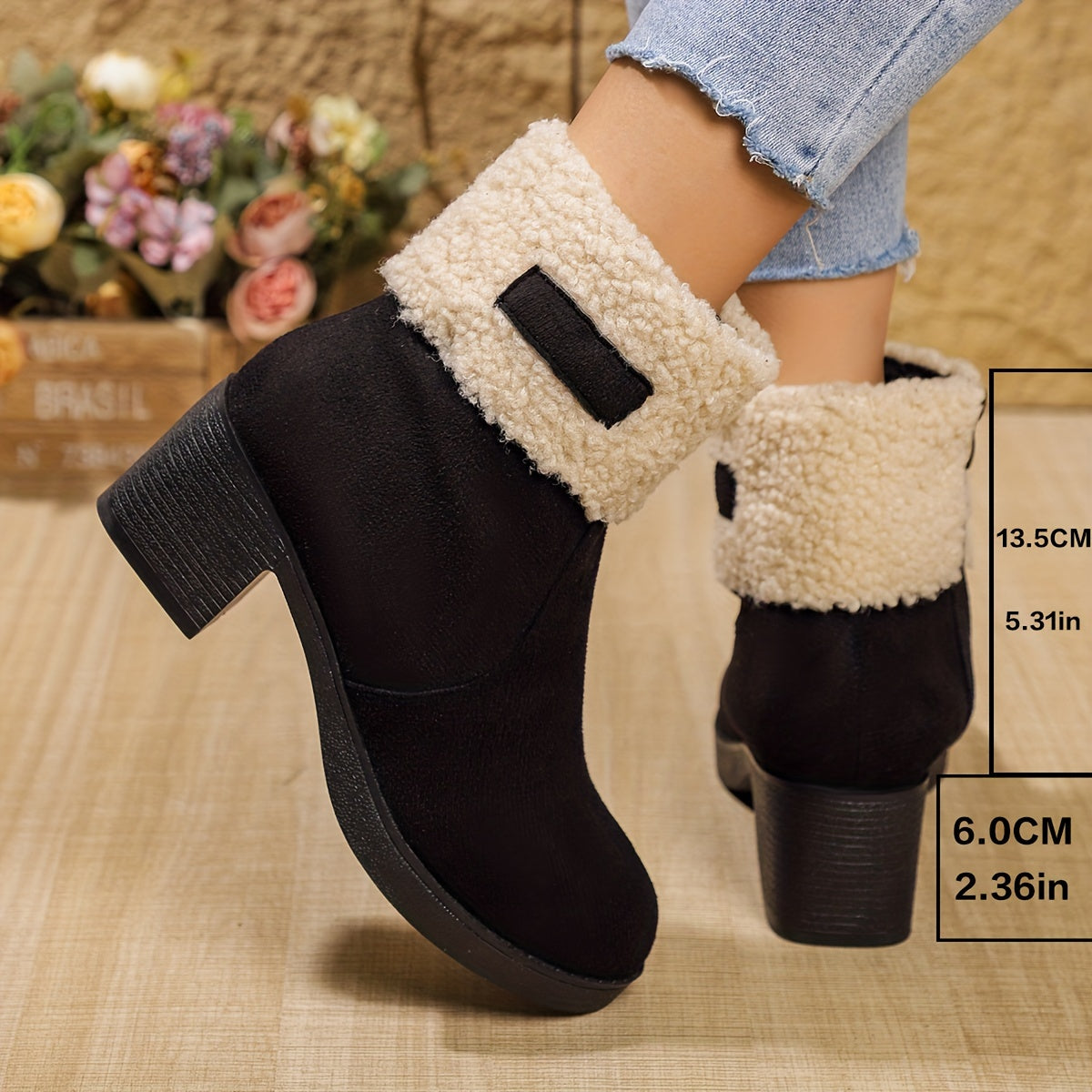 Women'S Elegant Western-Style Chunky Heel Ankle Boots with Side Zipper & Plush Faux Fur Lining - Thick Rubber Sole, Round Toe, Fabric Upper for Winter Comfort & Casual Outfits, Winter Footwear, Round Toe Boot, Durable Rubber Sole, Fabric Construction, Warm Lining, Fashion Women