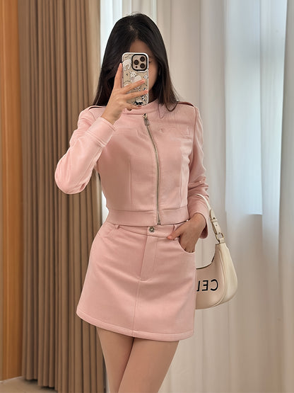 Brown Biker Style Women's Set: Short Zip-Up Jacket + High-Waisted A-Line Skirt with Zipper, Slimming Retro Two-Piece Outfit for Autumn/Winter