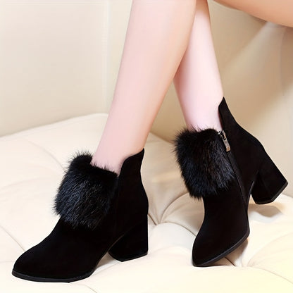 Women'S Elegant Winter Boots with faux fur Trim - Chunky Mid-Heel Pointed Toe, Zipper Closure, Fabric Upper & Lining, TPR Sole, Casual & Formal Wear