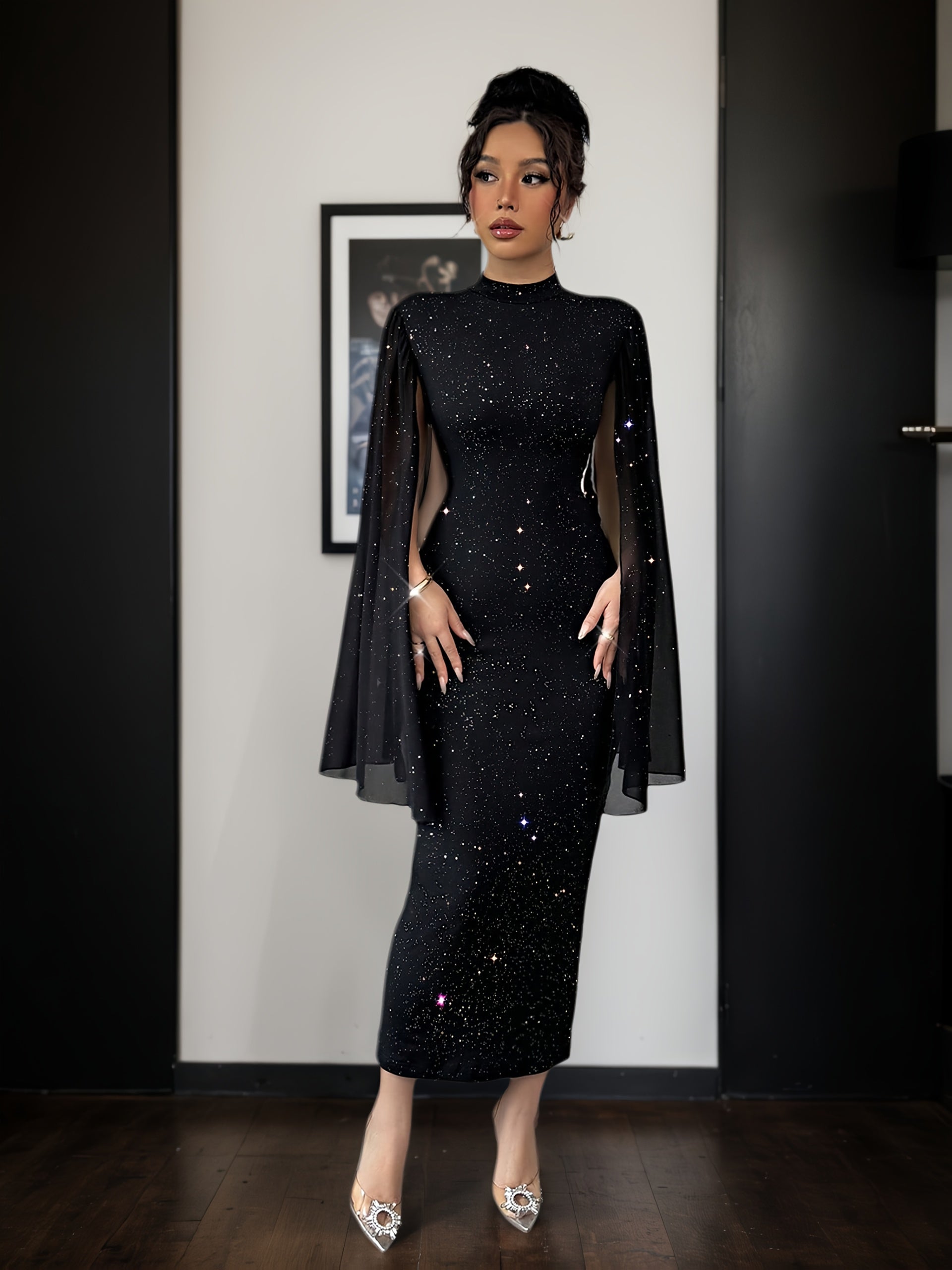 Vestido Justo de Lantejoulas Elegante e Brilhante de Decote Alto para Mulher com Mangas Balão - Vestido de Noite Formal Longo e Brilhante para Festa, Silhueta H-Line Slim Fit