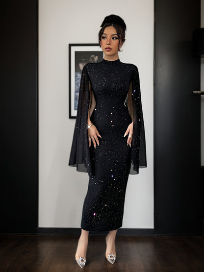 Vestido Justo de Lantejoulas Elegante e Brilhante de Decote Alto para Mulher com Mangas Balão - Vestido de Noite Formal Longo e Brilhante para Festa, Silhueta H-Line Slim Fit