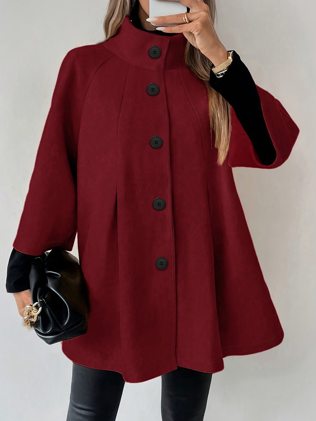 Casaco de tweed borbulhante para mulheres - Vestuário formal e casual longo com fecho de botão frontal, elegante para escritório e festa, para outono/inverno, roupa de frio chique em tom vermelho sofisticado, casacos de inverno para senhoras, moda sazonal, design eterno, construção durável, vestuário exterior elegante, mulheres com consciência da moda, moda de outono, silhueta clássica, material de alta qualidade, mulheres profissionais