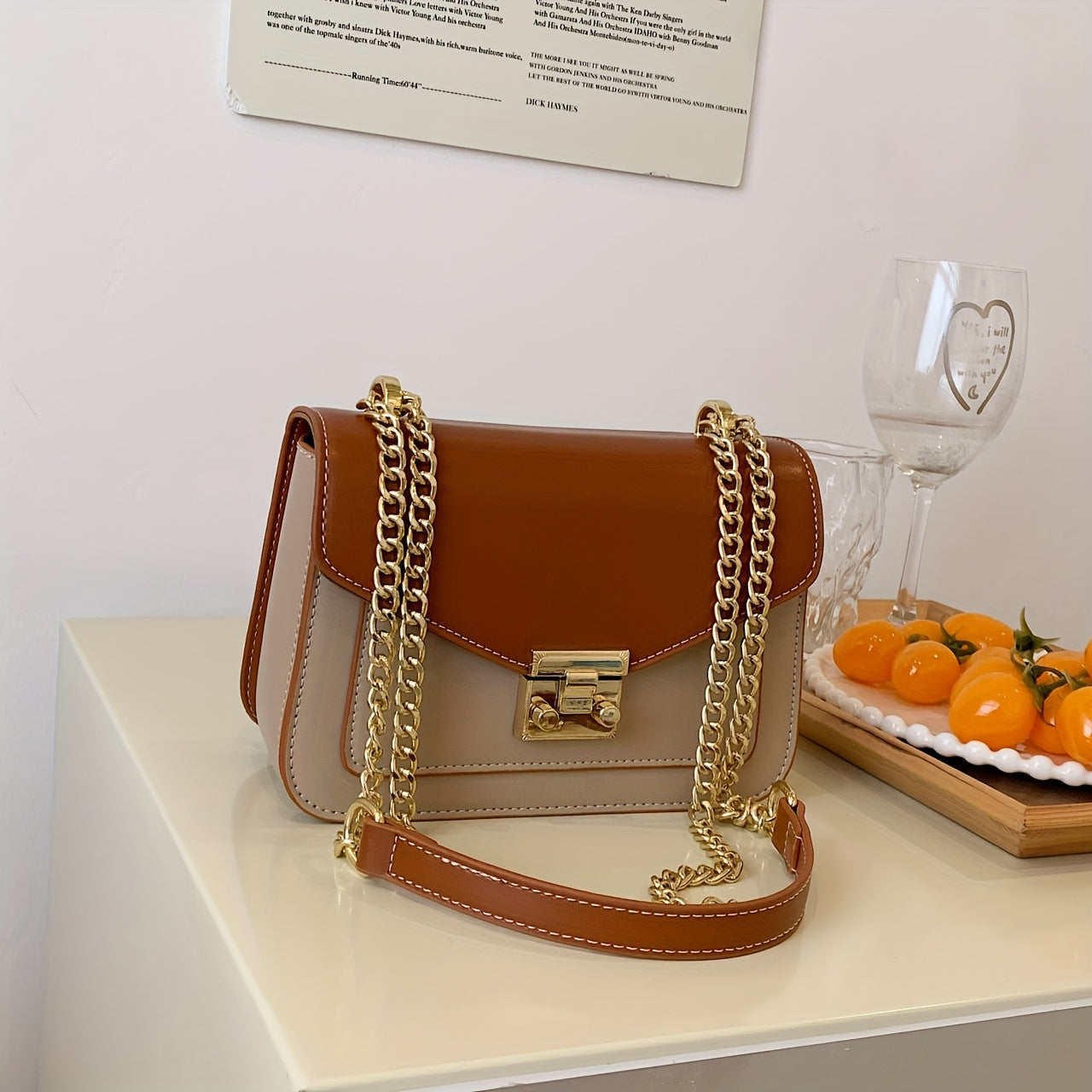 Women'S Mini Turnlock Square Handbag with Golden-Tone Chain Strap - Elegant Beige & Brown Synthetic Mini Crossbody Bag, Golden-Tone Hardware & Turnlock Closure