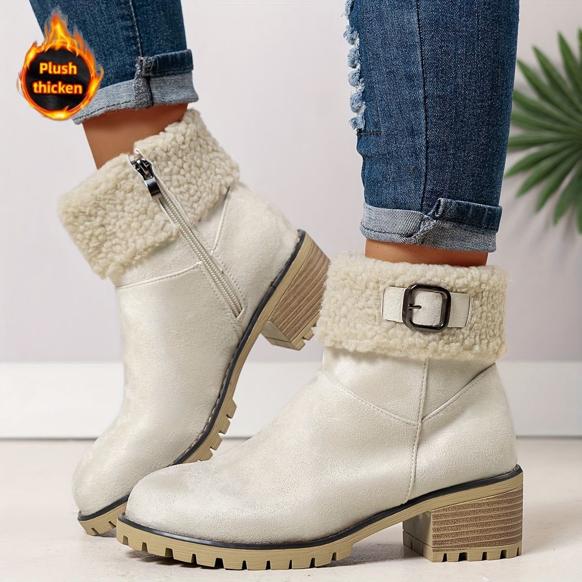 MZMQS Women'S Cozy Fleece-Lined Chunky Heel Ankle Boots - Round Toe Zipper Closure, Thick Warm Winter Boots with Thick Sole for Casual Outings, Brown, Winter Footwear | Chunky Heel Boots | Zipper Closure Boots