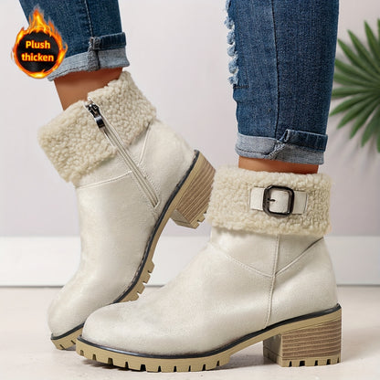 MZMQS Women'S Cozy Fleece-Lined Chunky Heel Ankle Boots - Round Toe Zipper Closure, Thick Warm Winter Boots with Thick Sole for Casual Outings, Brown, Winter Footwear | Chunky Heel Boots | Zipper Closure Boots