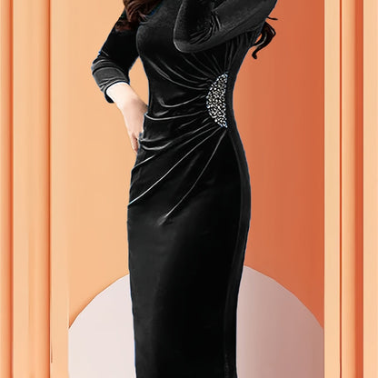 Elegant Velvet Bodycon Dress with Ruched Sleeves