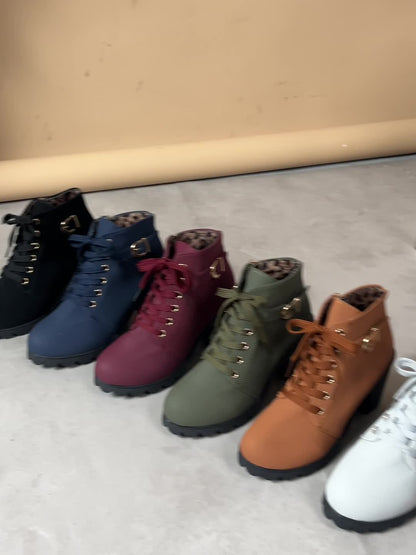 Women's Chunky Platform Ankle Boots - Side Zipper & Lace-Up Closure, Round Toe Boots with Non-Slip Rubber Sole - All-Season Cushioned Interior - Synthetic Cover Shoes in Black, Brown, Navy Green, Burgundy, Blue, Grey - for Casual, Formal, Everyday