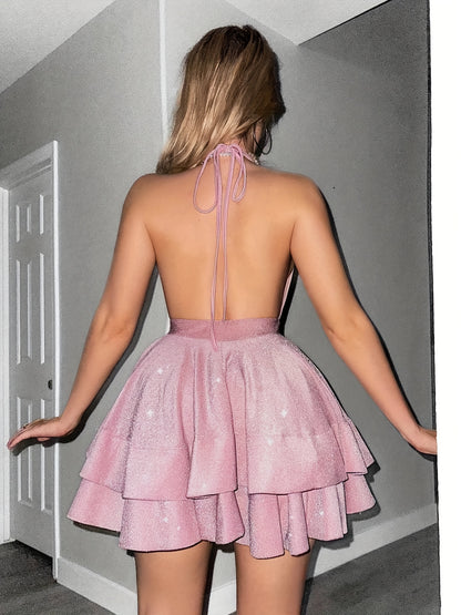 Vestido mini vermelho elegante com decote off-shoulder e franzido para mulheres - Sexy decote em V profundo, design sem costas, saia fluída, perfeito para festas e eventos de primavera/verão, vestido de festa | Textura franzida | Tecido de poliéster