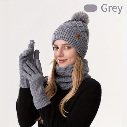 Conjunto de 3 peças para adolescentes: gorro, luvas e cachecol tricotados de inverno, proteção contra vento, touca sem aba, lenço quente, luvas touchscreen - ideal para encontros ao ar livre, festas e presentes de Natal