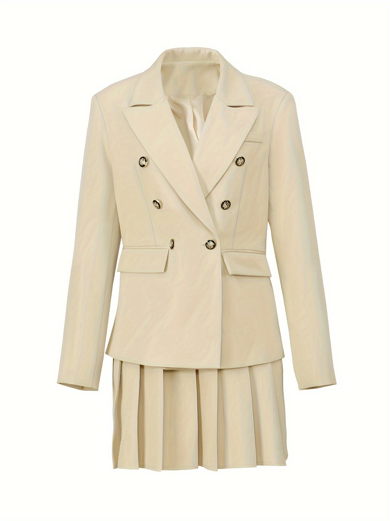 Elegant Women's Long Sleeve Blazer & Pleated Skirt Set - Polyester, Machine Washable, Non-Stretch Fabric