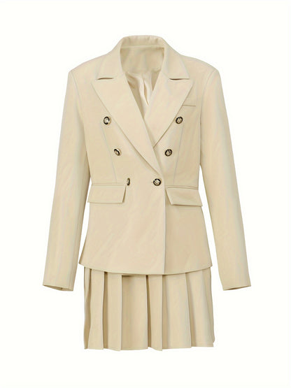 Elegant Women's Long Sleeve Blazer & Pleated Skirt Set - Polyester, Machine Washable, Non-Stretch Fabric