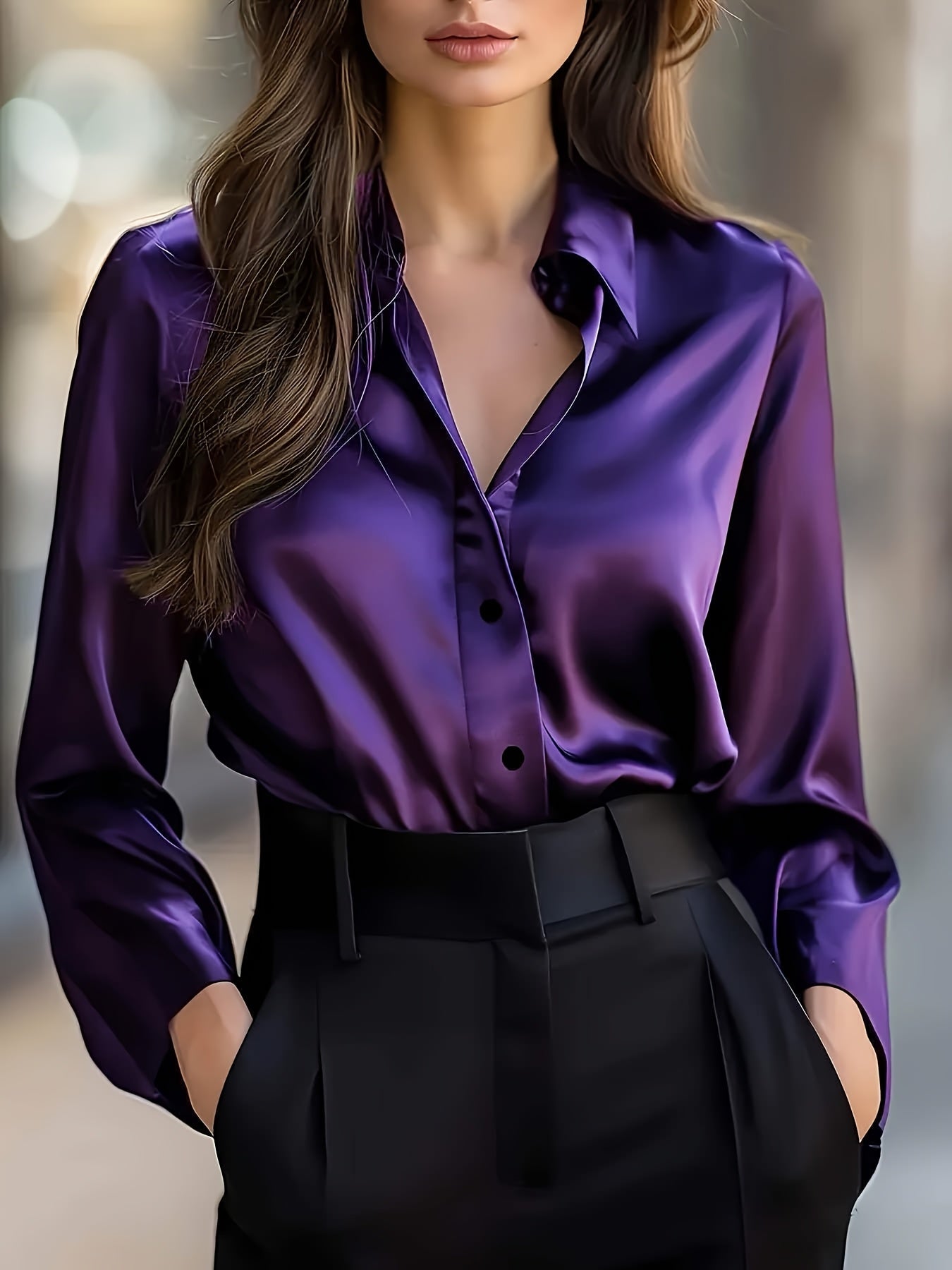 Women'S Elegant Satin Shirt - Long Sleeve Blouse with V-Neck, Button-Front Closure, Office to Party Tops - Soft Satin-like Fabric for Women - Spring/Fall Wardrobe