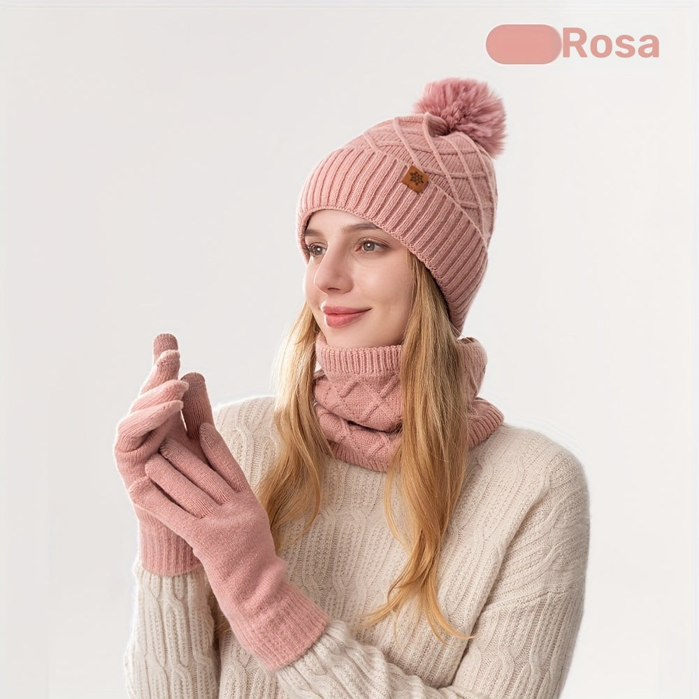 Conjunto de 3 peças para adolescentes: gorro, luvas e cachecol tricotados de inverno, proteção contra vento, touca sem aba, lenço quente, luvas touchscreen - ideal para encontros ao ar livre, festas e presentes de Natal
