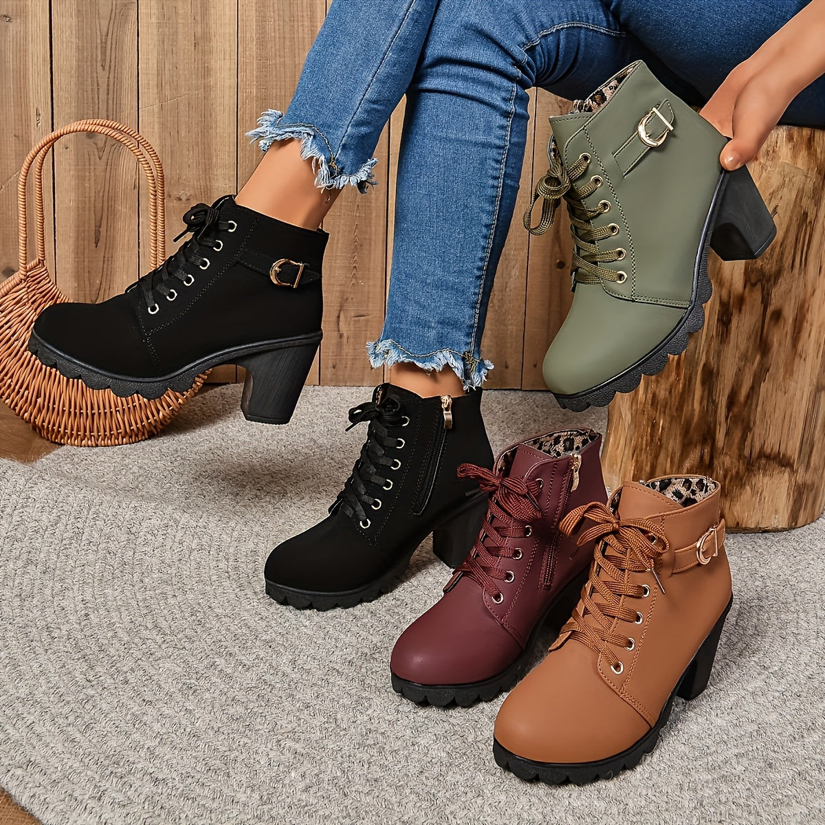 Women'S Chunky Heel Ankle Boots - Casual Lace-Up with Side Zipper, Round Toe PU Cover Boots in Black, Brown, Olive Green, and Burgundy, Comfortable Fabric Lining for All-Season Wear, Versatile Footwear | Chunky Heel Boots | Durable PU Cover