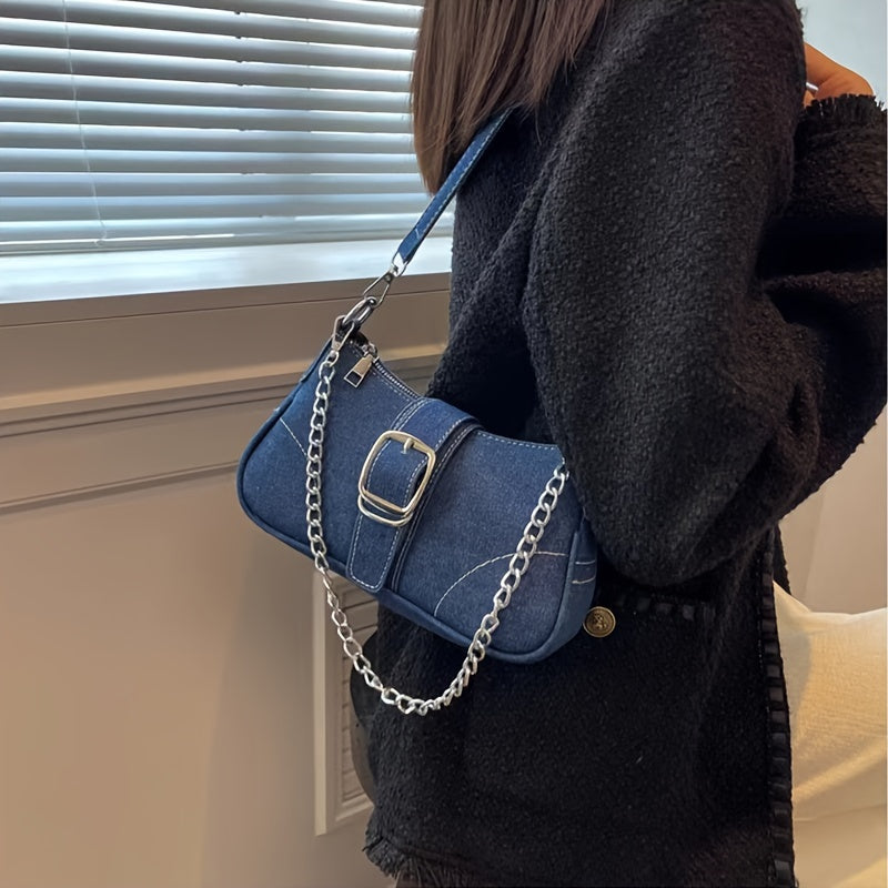 Women'S Denim Shoulder Bag with Chain Strap - Stylish Blue Crossbody Bag, Zipper Closure, Polyester Lining, Perfect for Casual or Fashionable Outfits, Casual Shoulder Bag | Denim Crossbody Bag | Zipper Closure Bag