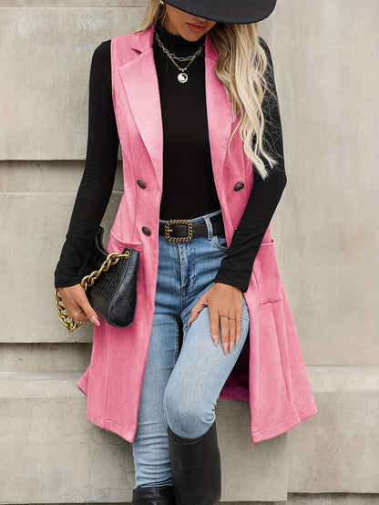 Jaqueta Feminina Elegante de Inverno com Gola e Detalhes de Bolso - Casaco Longo de Cor Sólida para Outono/Inverno, Lavável à Mão, para Looks Casuais ou Formal - Vestuário Externo Feminino (Disponibilidade Imediata)